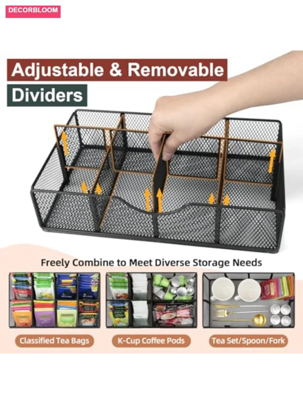 Tea Bag Organizer with 8-Compartment Adjustable Drawer, Wood & Metal Tea Chest
